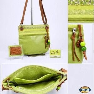 Fossil Key-Per Crossbody Bag Lime Green Coated Canvas Floral Trim Boho Bag